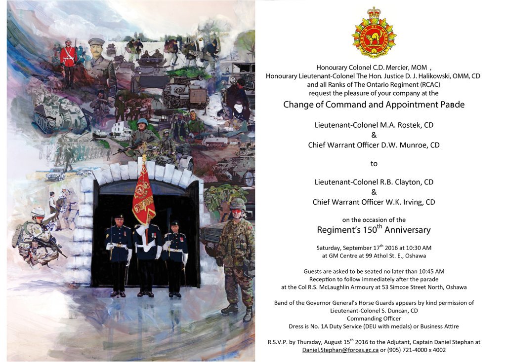 ONTR150's tweet photo. Join us at 1100hrs this Sat, 17 Sep for our 150th Anniv Parade @GMCentre  in @oshawacity. #ONTR150 @CanadianArmy https://t.co/NNYwcBDIIY