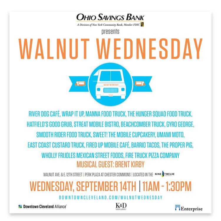 Wednesday, September 14 | 11a-1:30p #WalnutWednesday 
at Perk Plaza e.12th &amp; Walnut st #Cle
