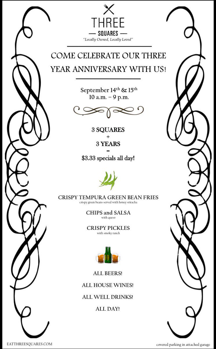 FriscoSquare's tweet photo. Happy 3rd Anniversary @EatThreeSquares! Join them this Wed &amp;Thurs for a 2 day event! Select items for $3.33!! https://t.co/s80veCMegO