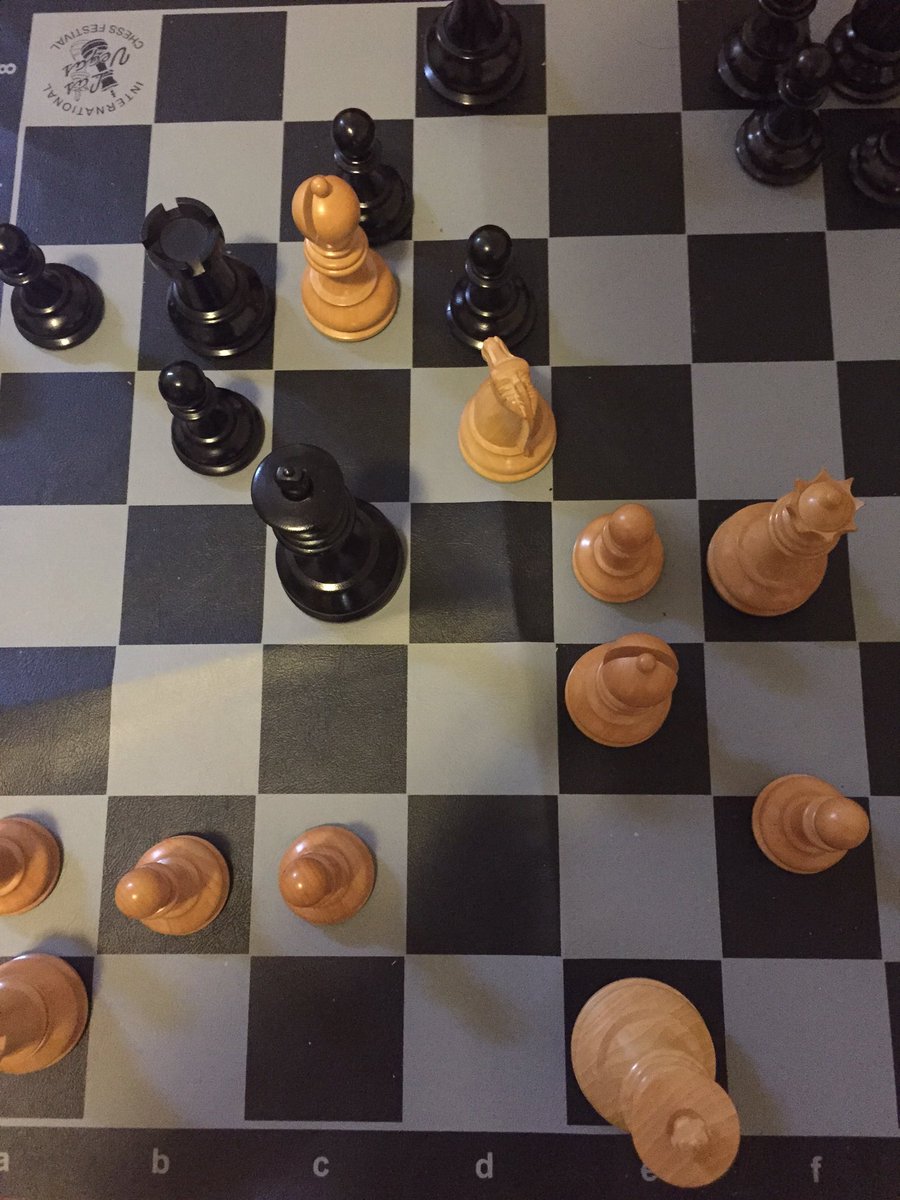 JenShahade's tweet photo. This blindfold practice game @danielfilms sways me to Ruy Lopez. But what to play here? #twomates #onemove #twopawns https://t.co/65mhAbV1Au