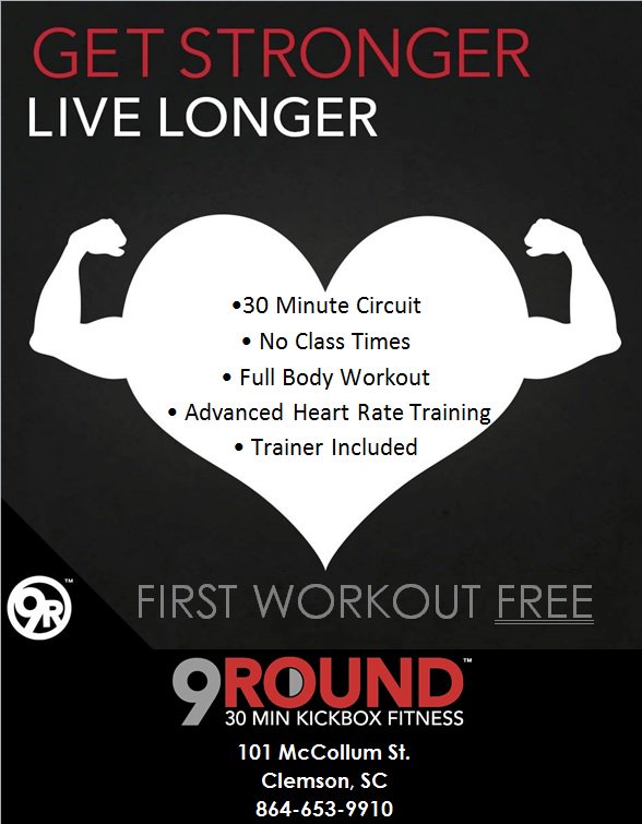 9RClemson's tweet photo. Bring all your friends for their FIRST FREE WORKOUT! #GetStronger #LiveLonger #kickboxing #workout #Clemson https://t.co/6XmUgzHqbg