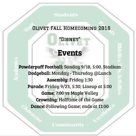 OlivetHS_Eagles's tweet photo. OHS Homecoming 2016 fast approaching.  First Events begin Sunday 9/15.  See complete schedule below. https://t.co/d4opEI8saL