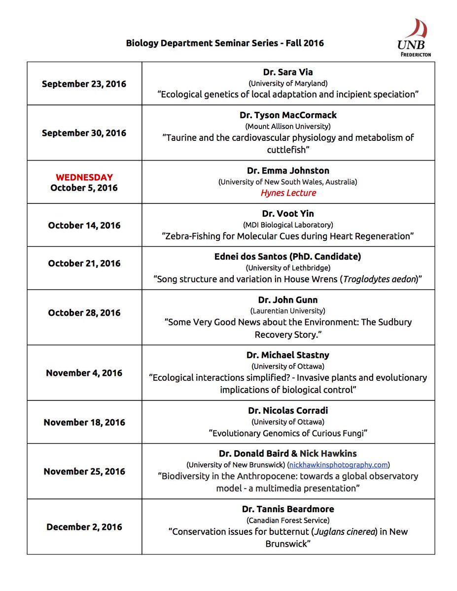 BioSeminarsUNB's tweet photo. Great line-up of researchers presenting at #BioSeminarsUNB this fall. Seminars at 3pm in Bailey 146 #UNBF #onlyhere https://t.co/hdNbDAfucq