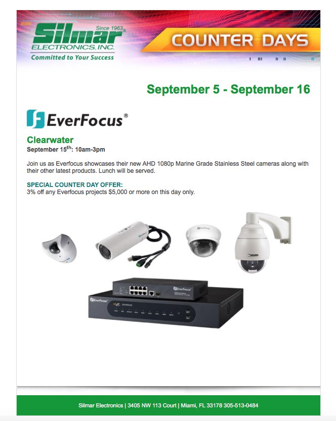 silmarelectro's tweet photo. Counter Days: Clearwater branch Sept.15th 10am-3pm check out #EverFocus products and specials! #SilmarElectronics https://t.co/y7XzI1rB3X
