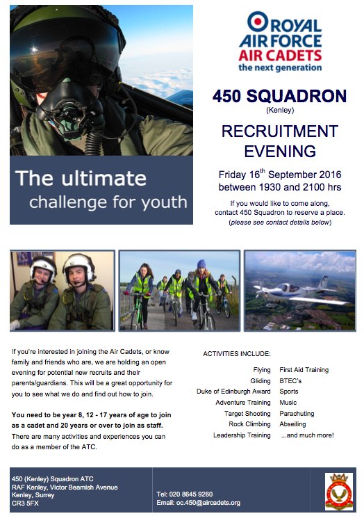 450 Sqn Air Cadets are recruiting this week! Aged 12+ and in Year 8 or higher? Come and join Friday! Please RT..