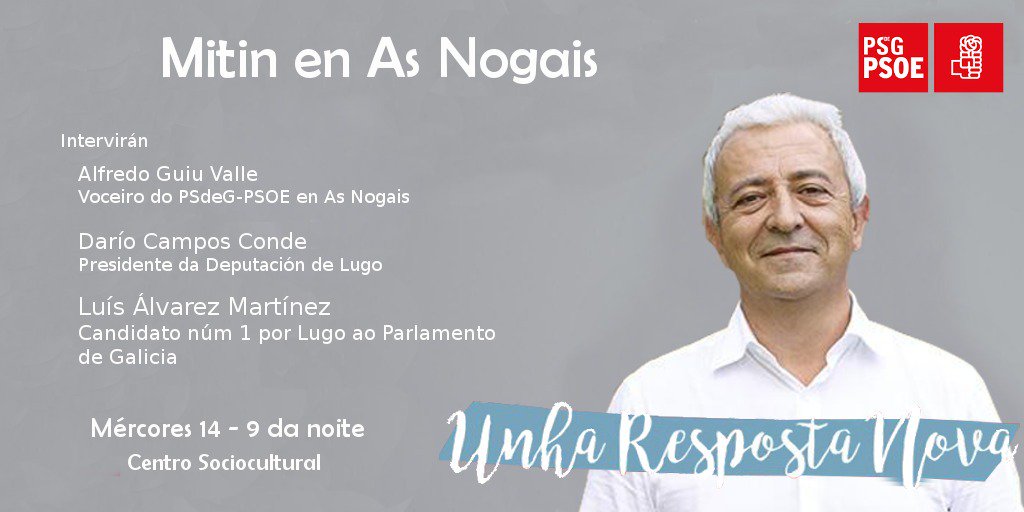 Estaremos en #AsNogais departindo cos veciños e veciñas hoxe mesmo.
Imos?

#UnhaRespostaNova
#VotaPSdeG