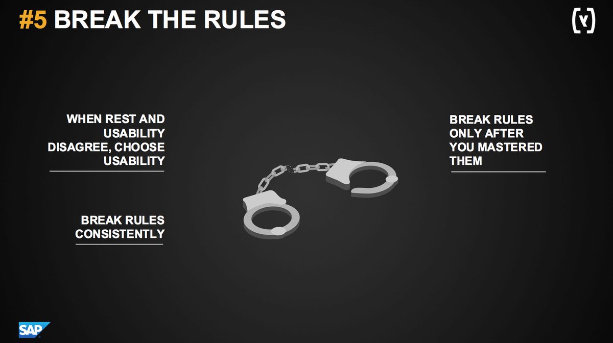 claudia_whoo's tweet photo. 9 Steps to make your APIs better. #5 BREAK THE RULES Today 2:00 PM   @APIWorld with @saphybris @andreastubbe #API https://t.co/5TiXKlidD4