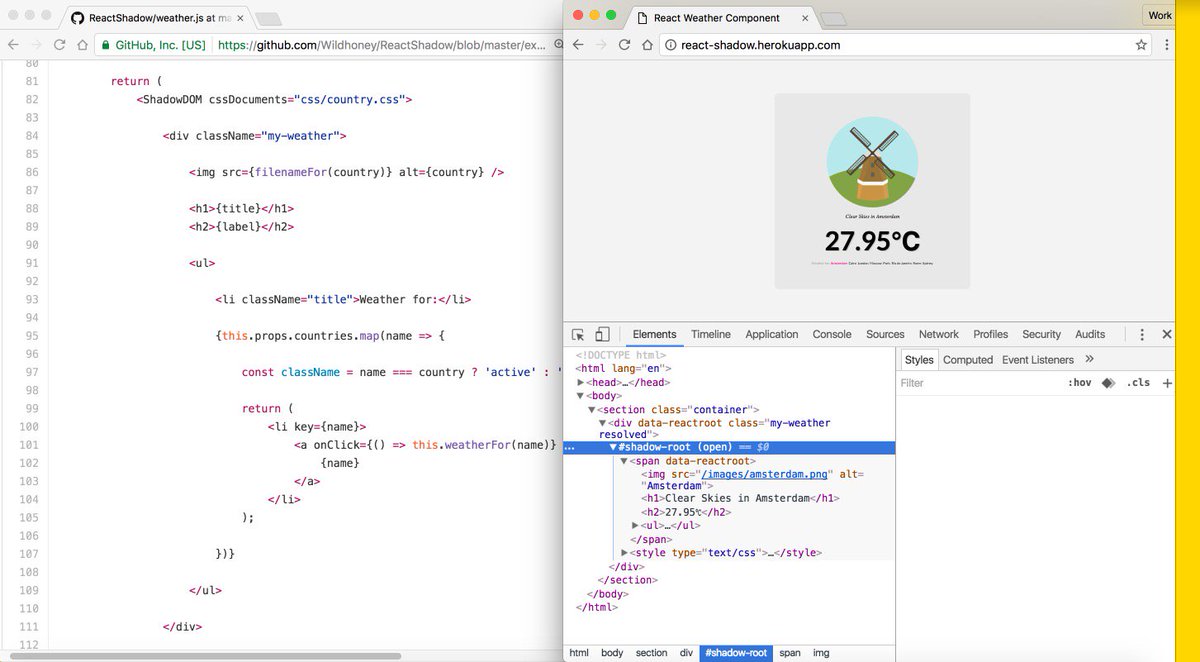 A code snippet of declarative ShadowDOM use inside a React component and a preview window of Chrome with DevTools inspecting a shadow root