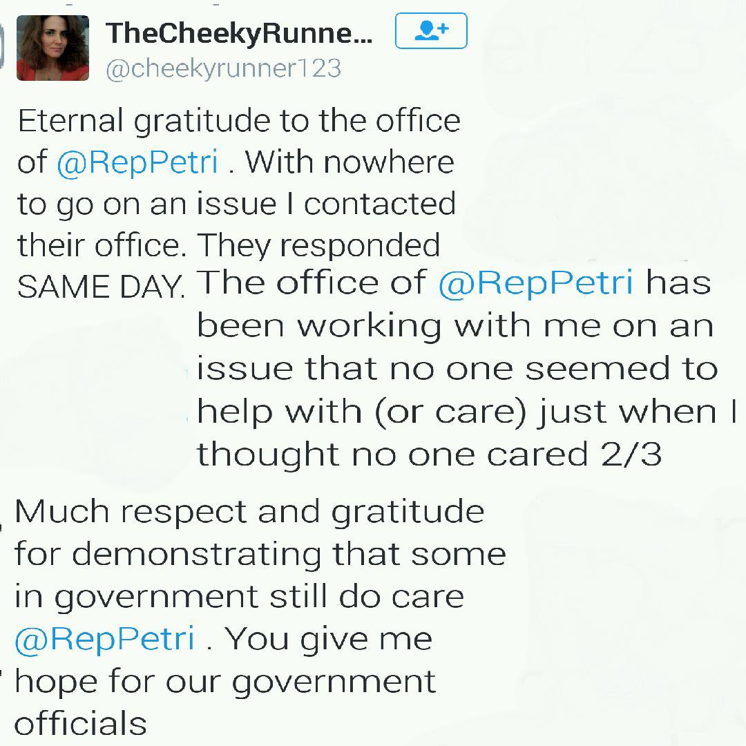 RepPetri's tweet photo. @cheekyrunner123 You're very welcome. We are always here to help with any state related issue. https://t.co/gSwKkiscS7