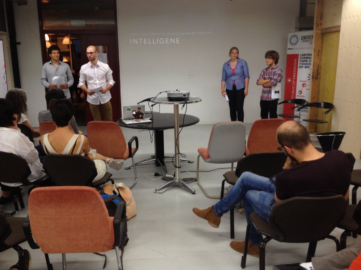 hackuarium's tweet photo. The @EPFL_iGEM team is now presenting #Intelligene at the #OpenHackuarium: https://t.co/dnt0tE12ho #SynBio #iGEM2016 https://t.co/zVinLT6Lbv