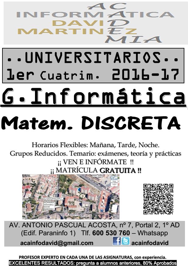 AcaInfoDavid's tweet photo. GRUPOS de:
MAT. DISCRETA de INFORMÁTICA
INFORMÁTICA de TOPOGRAFIA
Reservaen el 600530760 (what.) RT @Academiaepsilon https://t.co/GYImvstPxa