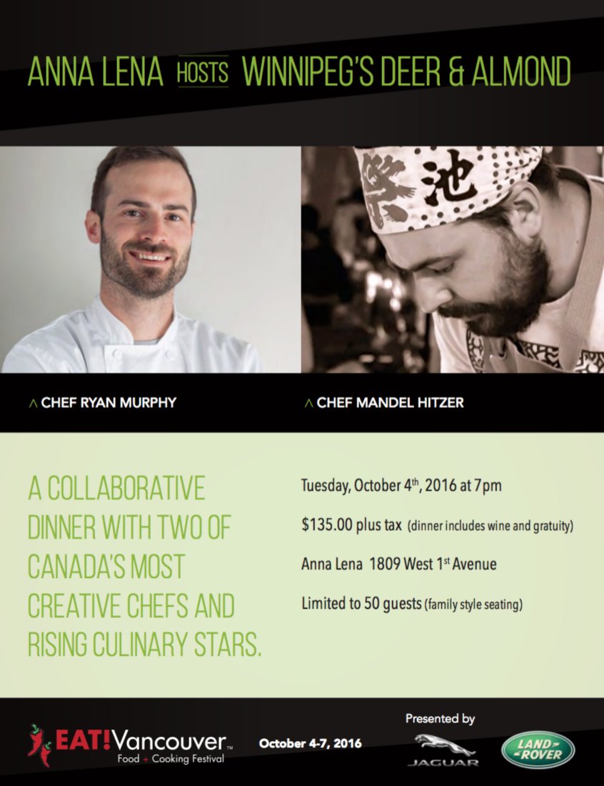 <a href="/annalenayvr/">AnnaLena</a> X <a href="/deerandalmond/">deer + almond</a> // Tues Oct 4th 
<a href="/EAT_Vancouver/">EAT! Vancouver</a> 2016 #annalenaxo 

eat-vancouver.com/anna-lena-rest…