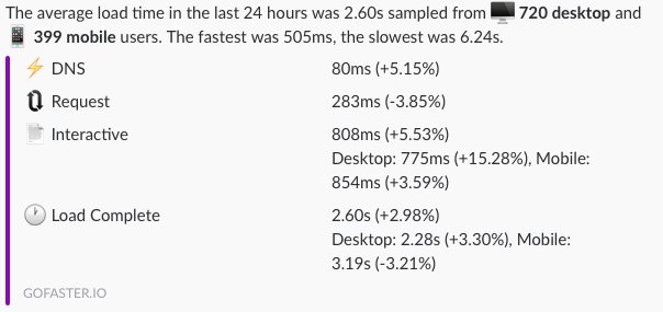 New on GoFaster.io: Daily Slack notifications now show trending gain/loss data compared to the prev. day. #webperf