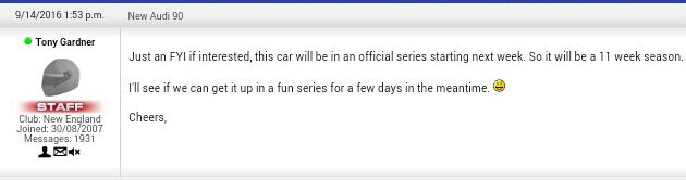 iRacingUpdates's tweet photo. The Audi 90 will be in an official series starting next week. So it will be a 11 week season. https://t.co/FBC5Aii63a