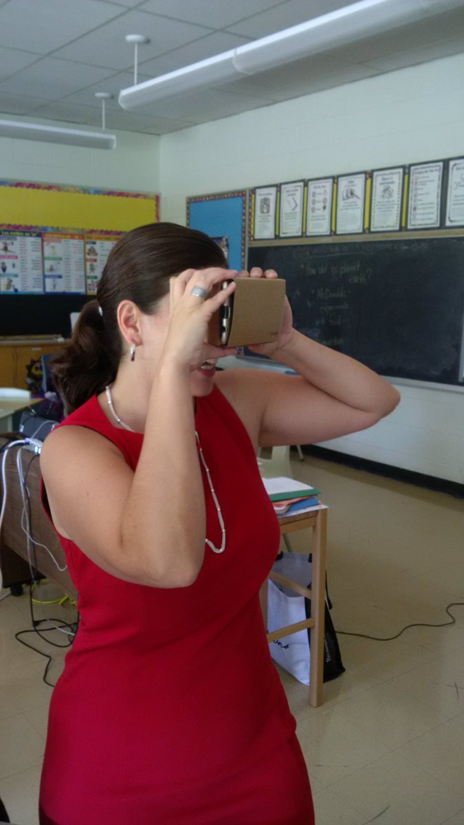 strichard_tcdsb's tweet photo. Mme. Orfao testing out Google Cardboard! #tcdsb21c amazing and affordable way to try out virtual reality! https://t.co/zXtaYIeyBW