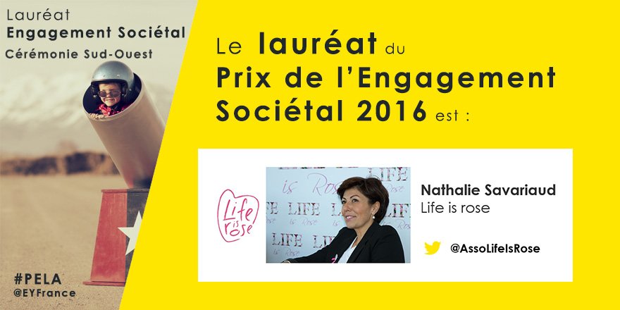 #PELA Le Prix de l'#Engagement Sociétal est attribué à <a href="/SavariaudN/">Nathalie Savariaud</a>, Présidente <a href="/AssoLifeIsRose/">Life is Rose</a>