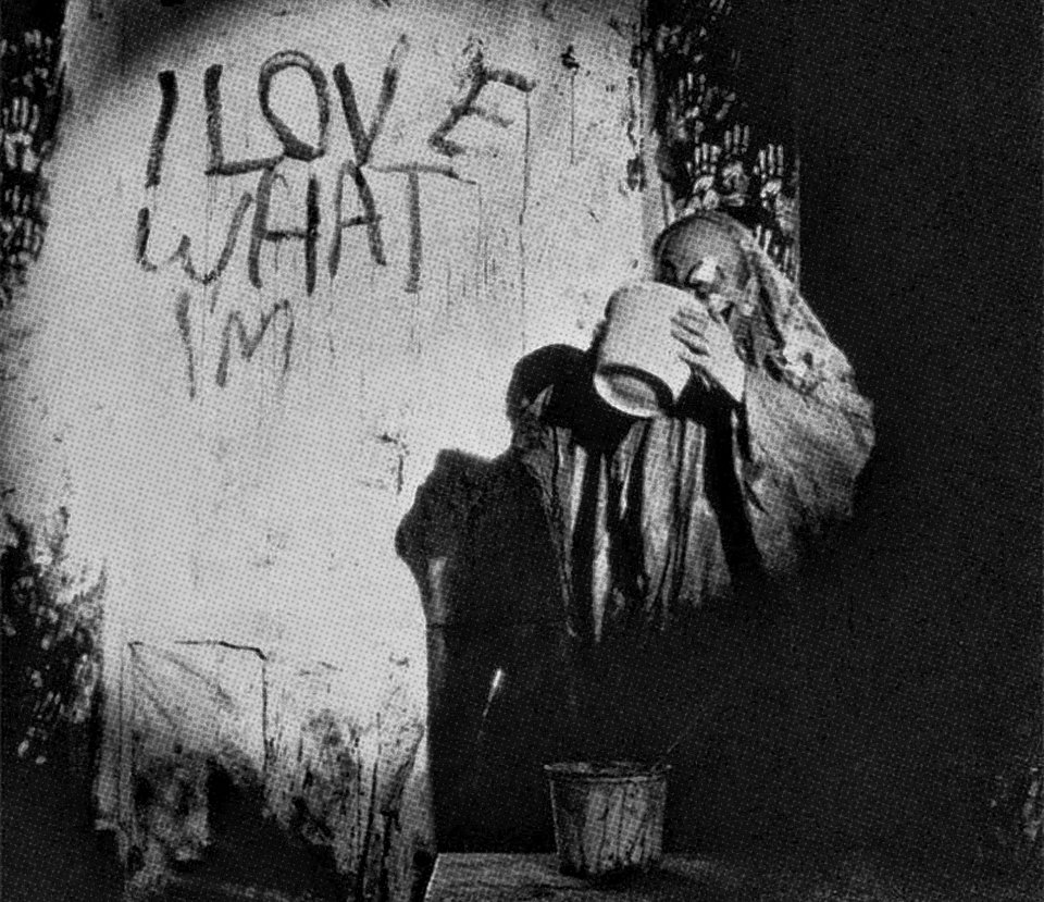 JIM DINE drinking the paint for his 1960 performance 'The Smiling Workman' --- More information TBA!