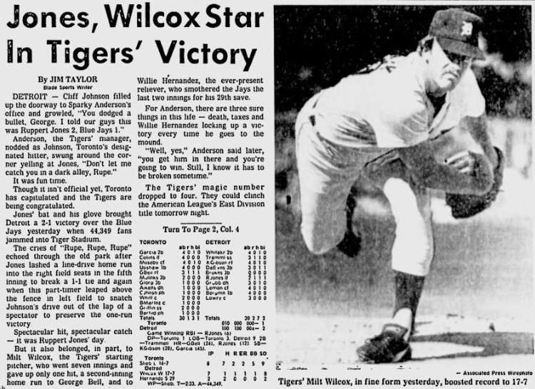 Tigers84Replay's tweet photo. Sept. 15, 1984: #Tigers 2, Blue Jays 1. Milt Wilcox allows just one hit &amp; one walk over 7 innings. Willie Hernandez gets his 29th save. Ruppert Jones' solo home run puts the #Tigers up for good. Tigers improve to 94-54, magic number is 4 #Relive84 https://t.co/KuinQr6mfC