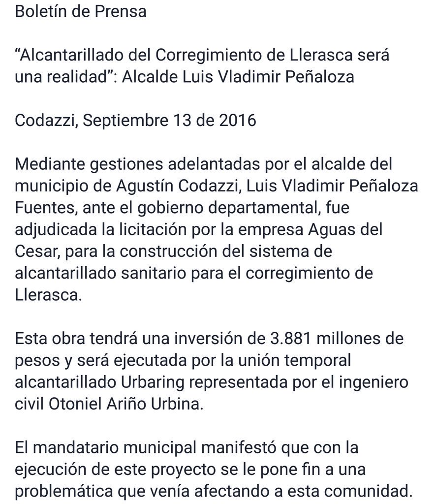 CodazzimeGusta's tweet photo. Boletín de prensa.  
"Alcantarillado de Llerasca una realidad".
Codazzi_online Agustin_codazzi eduler. https://t.co/91GijYKL0B