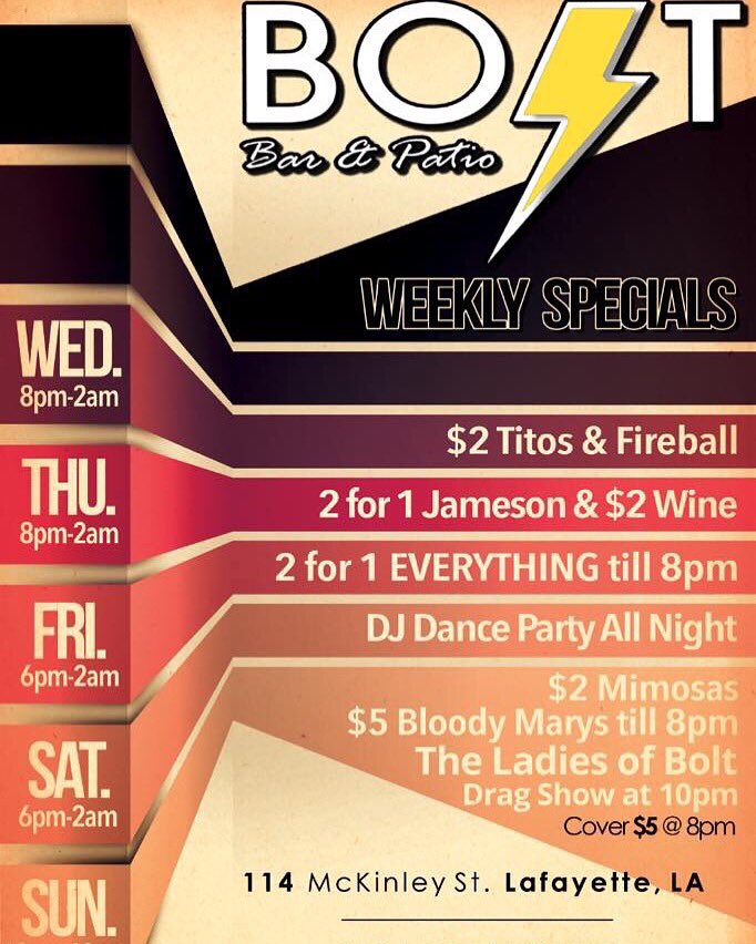 BOLTlaffy's tweet photo. Don't forget our drink specials all week starting daily at 5pm! #happyhour #lafayette https://t.co/MhBfA0yYcd
