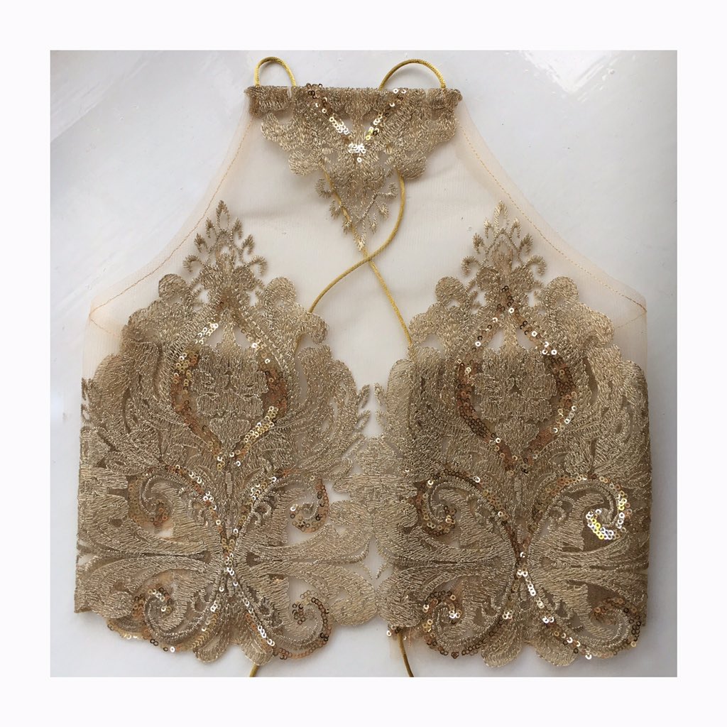 NudeLaceStyle's tweet photo. Our new FAME HUNGRY halter top 🌞 now online 🌞 #handmade #ukmade #lace #gold #sequins https://t.co/OWwLTFksSP