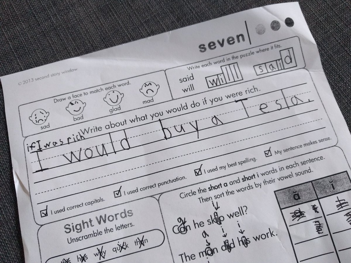 My 7-yo son's exercise from school. <a href="/elonmusk/">Elon Musk</a> You inspire our youth! @TeslaMotors <a href="/SpaceX/">SpaceX</a>