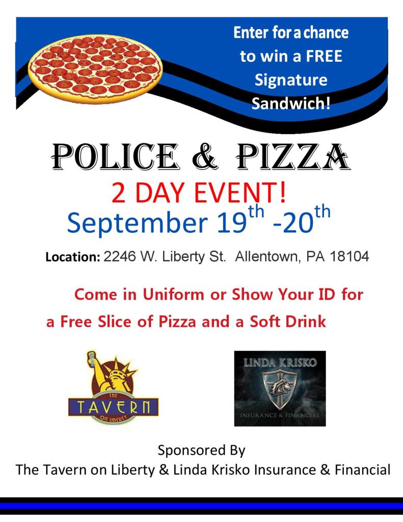 KRISKOinsurance's tweet photo. Officers, join us for another Police and Pizza event at @LibStTavern! https://t.co/sysWeo77nk