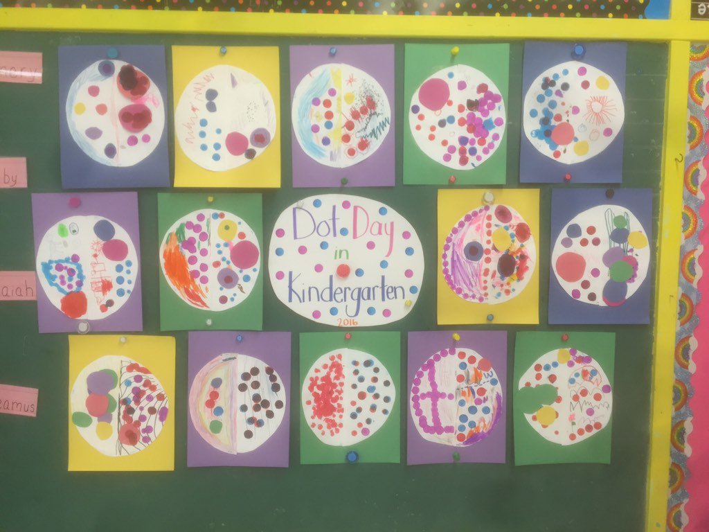 MrsLittleFES's tweet photo. Celebrating #dotday16 in Kindergarten! Students worked together to make their creations.😊🖌@peterhreynolds @FES_NB https://t.co/X0INgDS0Ue