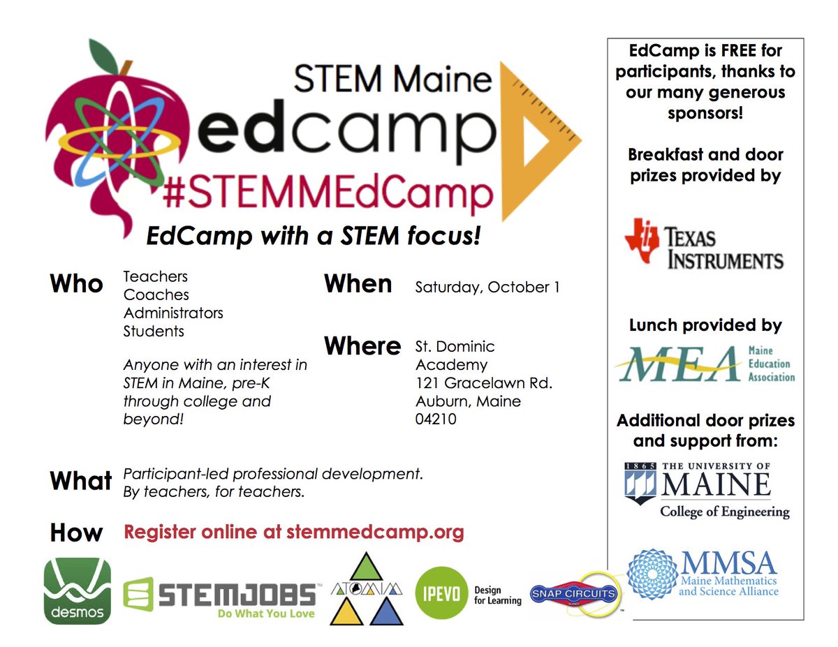 STEMMEdCamp's tweet photo. Sponsors keep joining what promises to be an amazing day! Have you registered yet? https://t.co/6dGVd6ye8I #edchatme https://t.co/A2bwXwekQQ