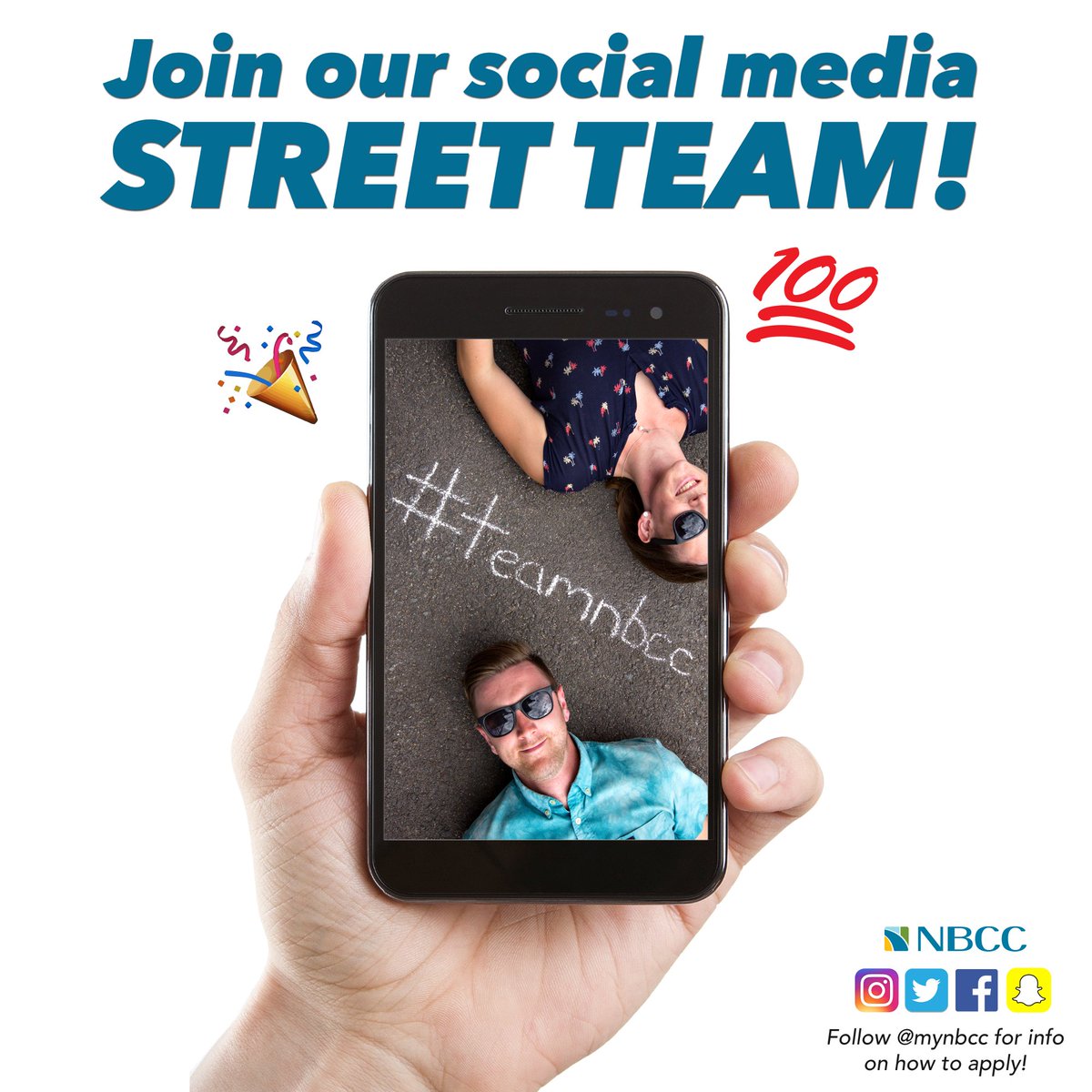 myNBCC's tweet photo. Have you heard? We're creating a team of student social media ambassadors. Apply: https://t.co/OCKrzTP7x3 #teamNBCC https://t.co/PkjLq0uyFG