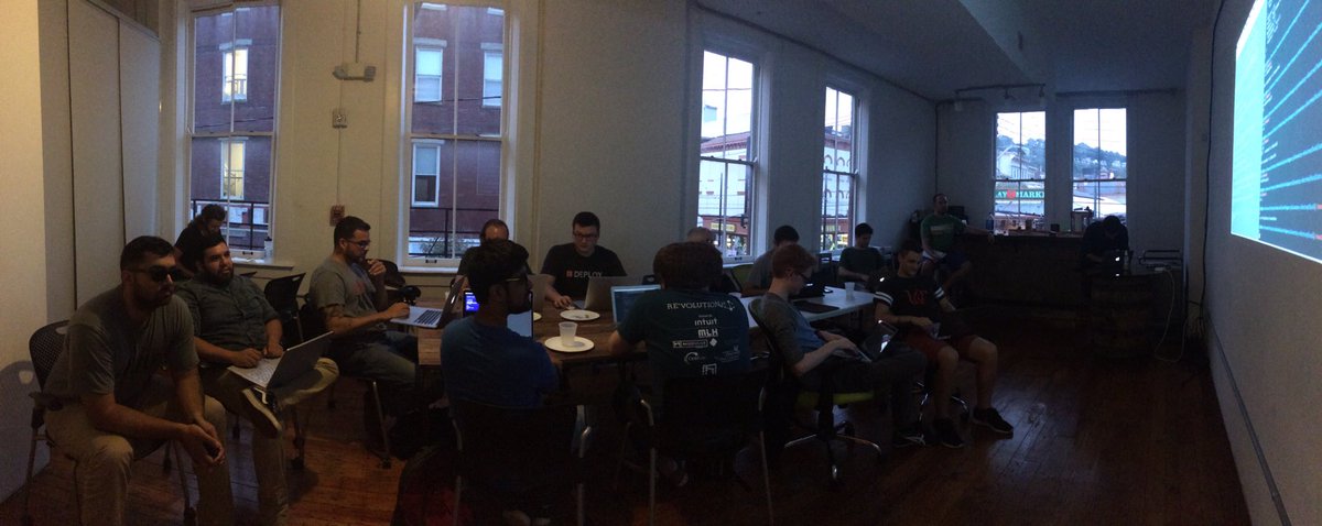Nodecincy's tweet photo. NodeCincy does #nodeschool w @NodeSchoolCincy! 🎶It's @electronjs ! 🎶 thnx for the 🍕 &amp; your @jackboberg @OnModulus !! https://t.co/O8i1PLqnNh