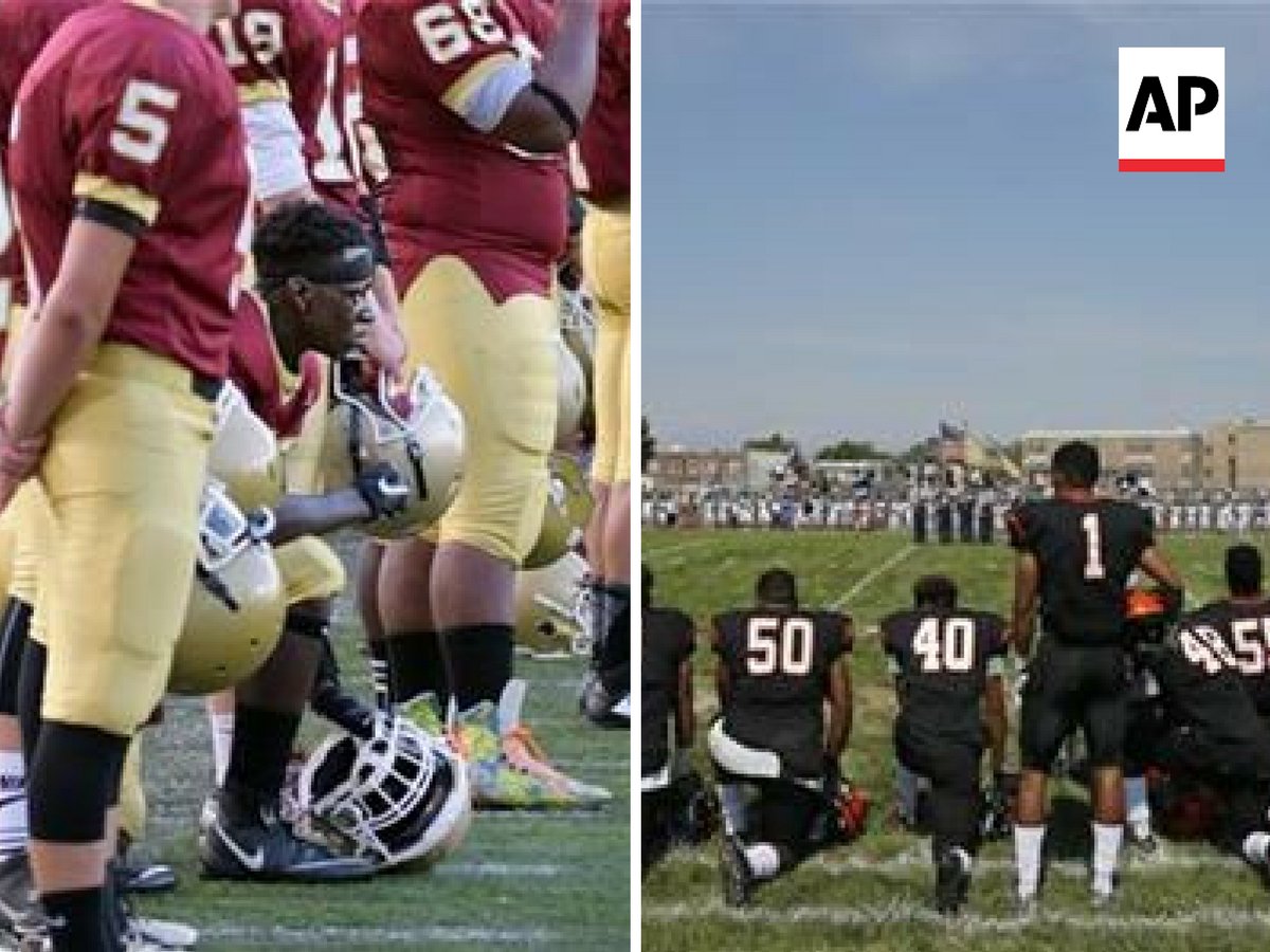 AP_Sports's tweet photo. National anthem protests trickling down to high school level. https://t.co/aiyACHKeni @kurt_voigt_AP #Kaepernick https://t.co/x1U78SebBs