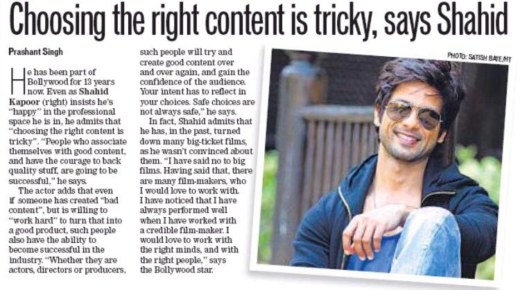 shahidkapoorFC's tweet photo. PRINT MEDIA - Choosing the right content is tricky : says @shahidkapoor to @SinghhPrashant in HT interview https://t.co/xNA8GGZbEc