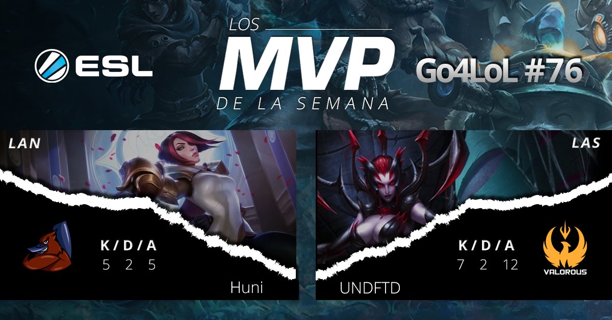 ESLlatam's tweet photo. ¡Descubre los MVP de la semana en #Go4LoL76! Huni #RegularTeam y UNDFTD #Valorous https://t.co/UxVKKQVGOZ