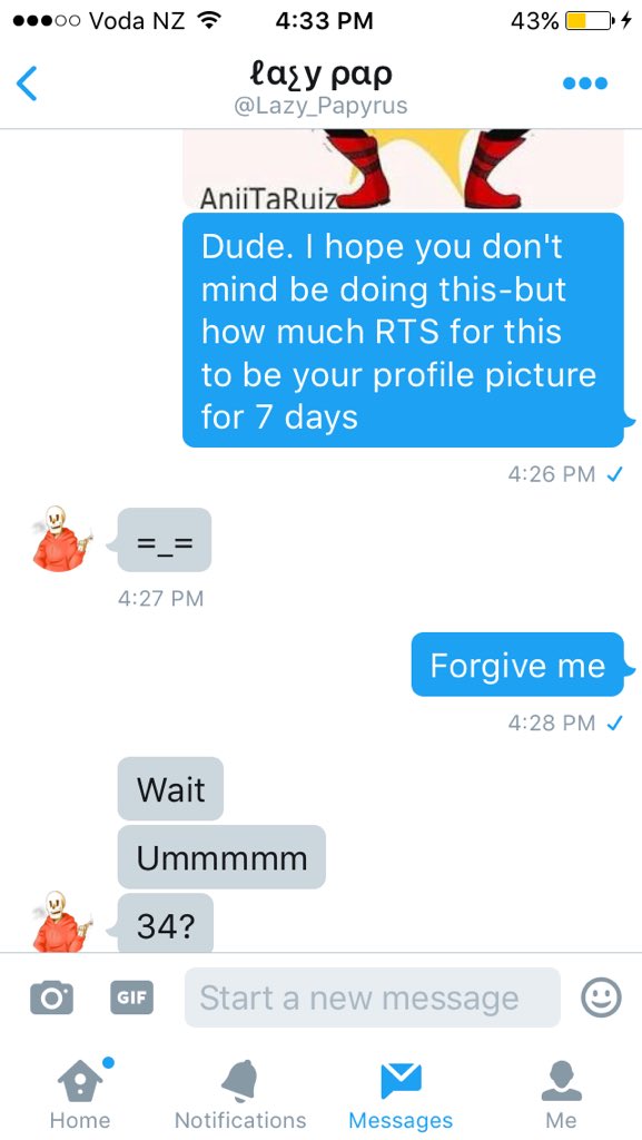 DepressingSoul2's tweet photo. 34 RTS for this to be @Lazy_Papyrus 's profile picture for 7 days!!  Please RT!!! https://t.co/EdAvebxmf9