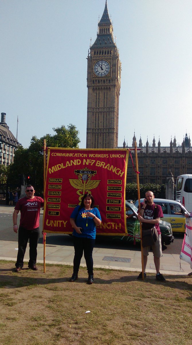CWUmidlands7's tweet photo. #BranchOfficers @penkymax @sapperclarke &amp; @CParky74 arrive in Westminster for #TheCWU #PostOffice rally #PeoplesPost https://t.co/b5fMqzjc1p