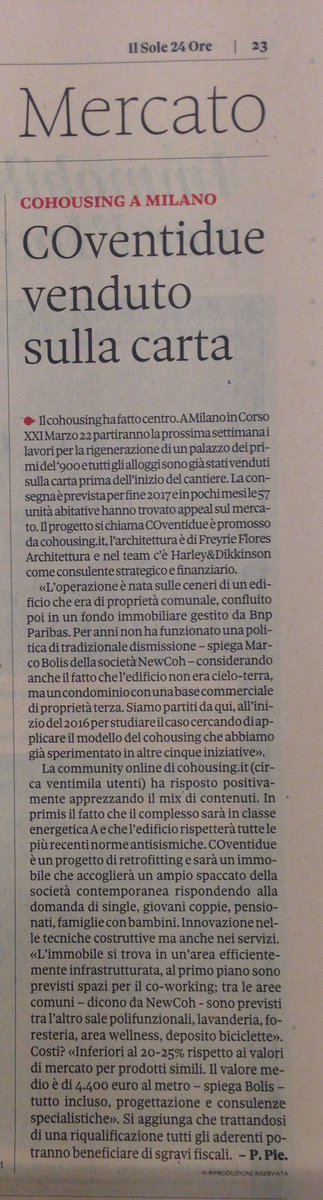 paolapierotti's tweet photo. #cohousing #COventidue sold out @LeopoldoFreyrie @COhousing_it @eziomicelli @Rebuilditalia via @24casaplus https://t.co/g9ZcOK3R3Y