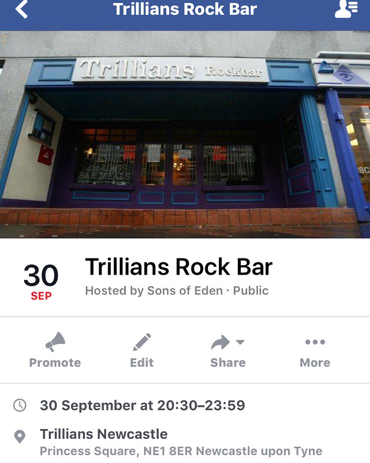 Come see us at Trillians Rock Bar <a href="/TrilliansRock/">Trillians Rock Bar</a> Newcastle on Friday 30th September #sonsofeden #trilliansrockbar