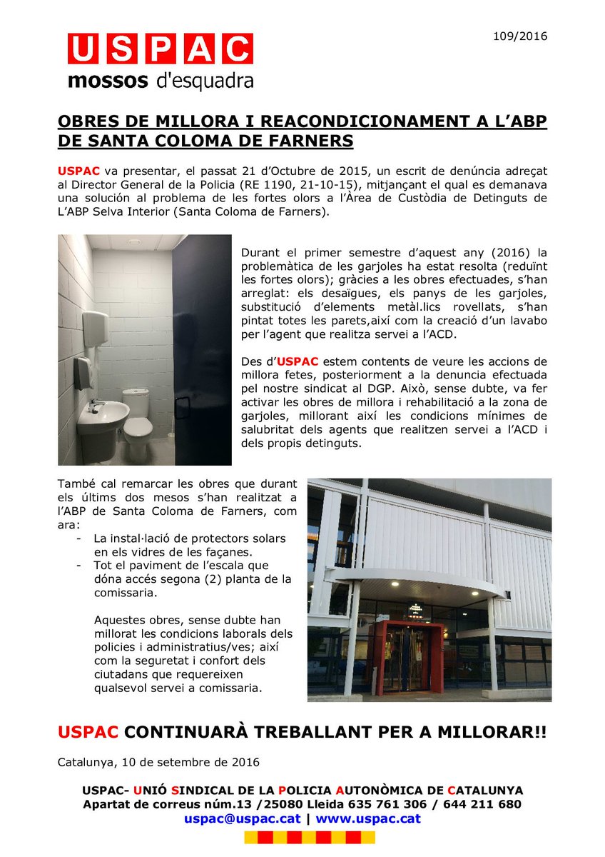USPAC's tweet photo. MILLORES A SANTA COLOMA DE FARNERS
Dintre de https://t.co/VbSg4DCSmv hi ha la denúncia, Oct. 2015
#mossos #uspac https://t.co/MEAPmqOslG