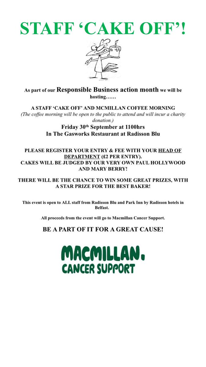 ParkInnBelfast's tweet photo. Who's in? #Parkinn #responsiblebusiness #RBAM #cakeoff #macmillancancersupport https://t.co/87QiYQjAOg