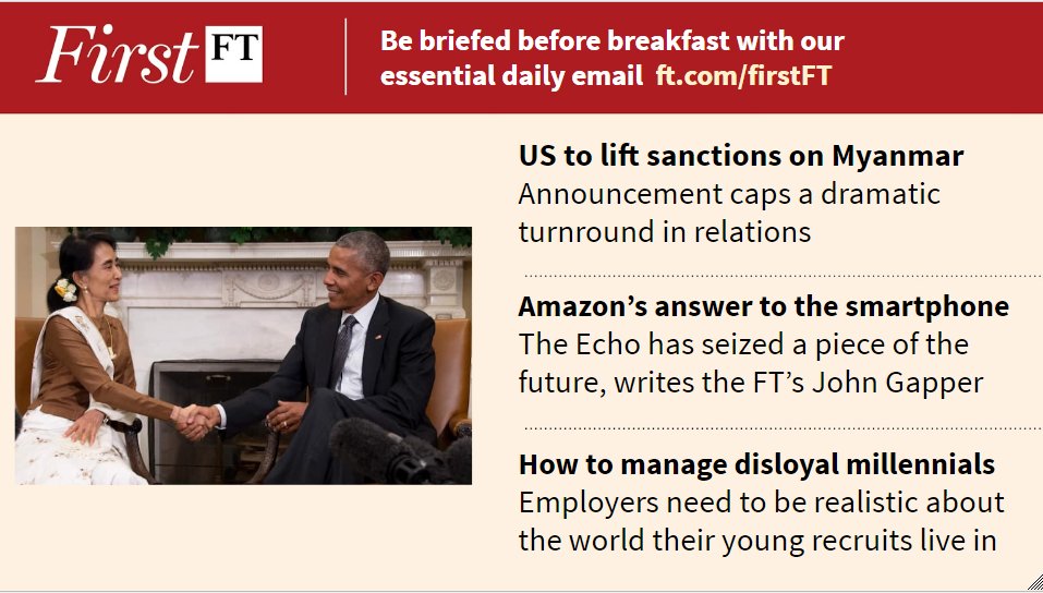 Redpolitics's tweet image. US to lift sanctions on Myanmar, how to manage millennials and more. Sign up for #FirstFT: on.ft.com/2cKZxhX