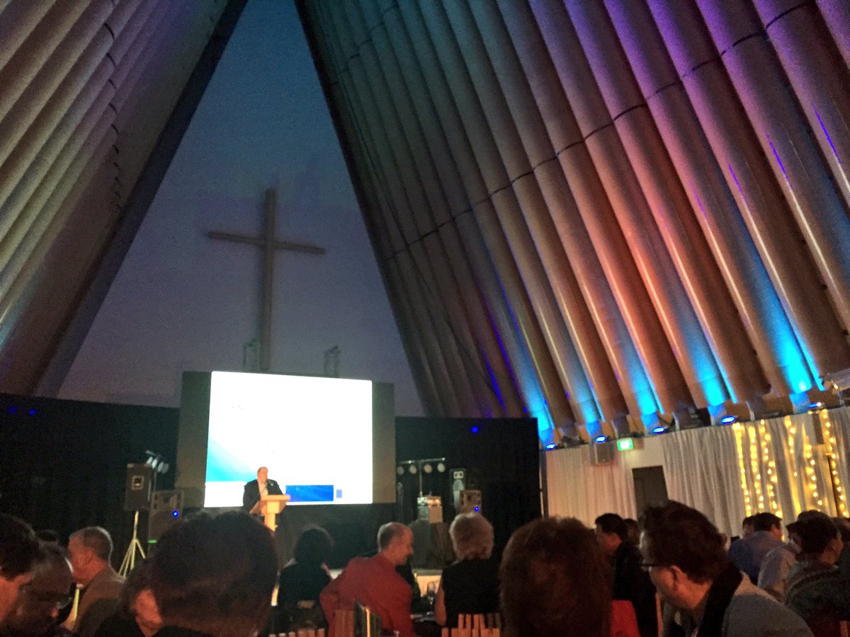 ShailanPatel's tweet photo. Chuck from #ITENZ kicking off the @CengageLearning Awards dinner at the #CardboardCathedral #Christchurch https://t.co/UvGXHZXnSg