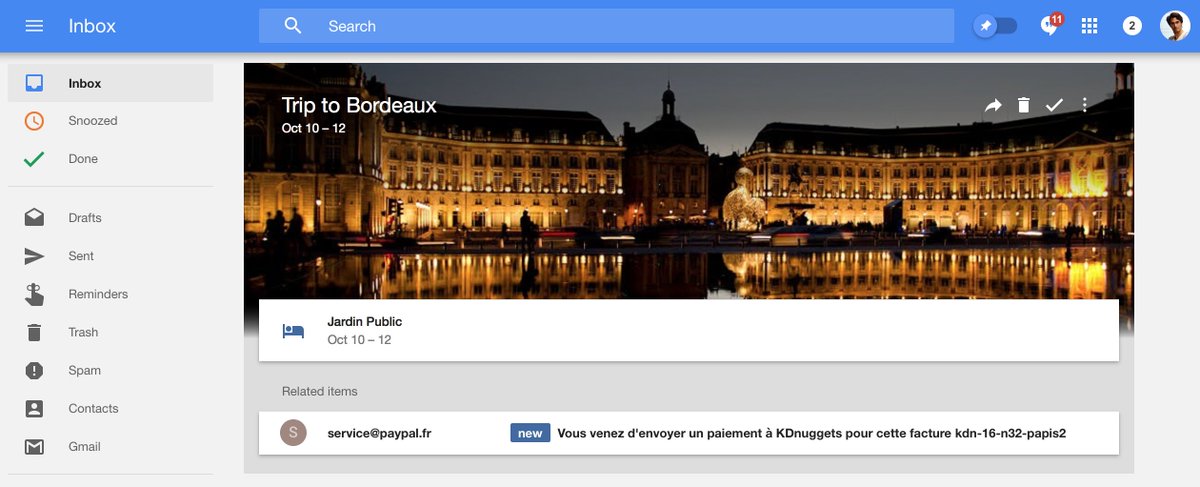 louisdorard's tweet photo. Google Inbox misclassifying a PayPal invoice (with my Bordeaux address) as an upcoming trip… #MLfail https://t.co/iSoANY3dWG