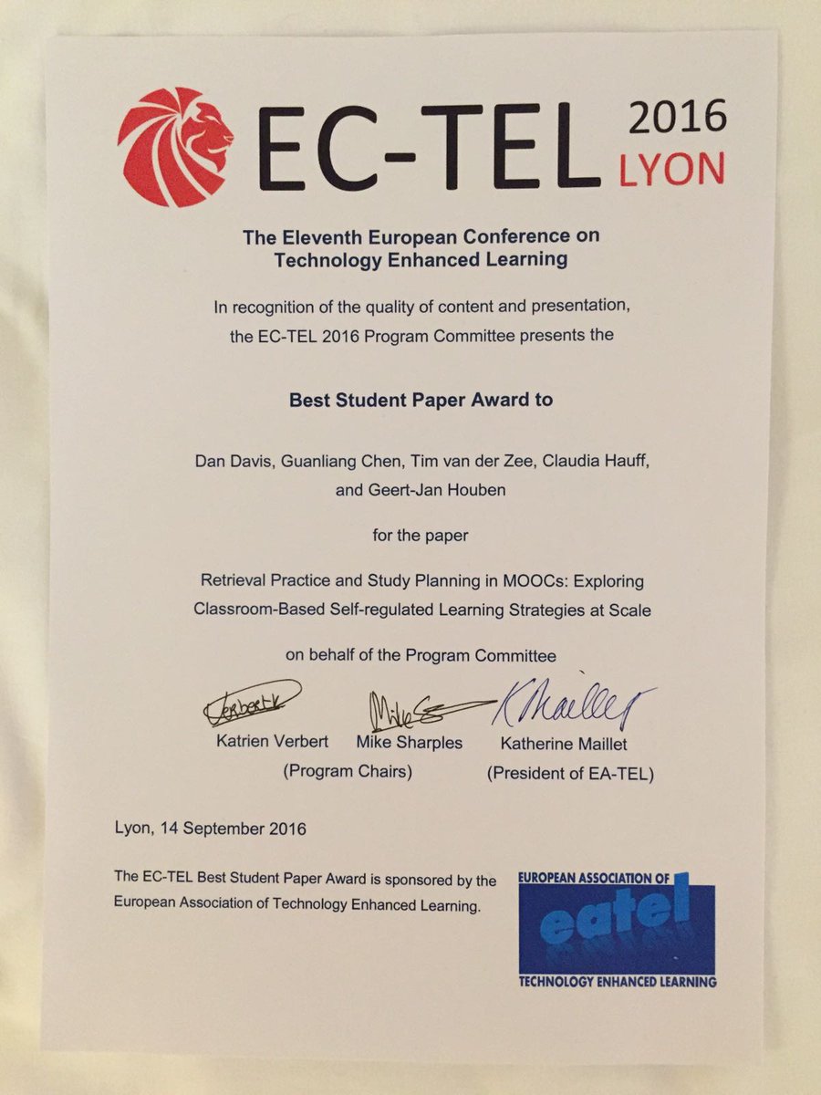 CharlotteHase's tweet photo. Best student paper award for my PhD students @NotDanDavis &amp; @AngusGLChen at #ectel2016 Another MOOC research success https://t.co/9TVYXYNZFH