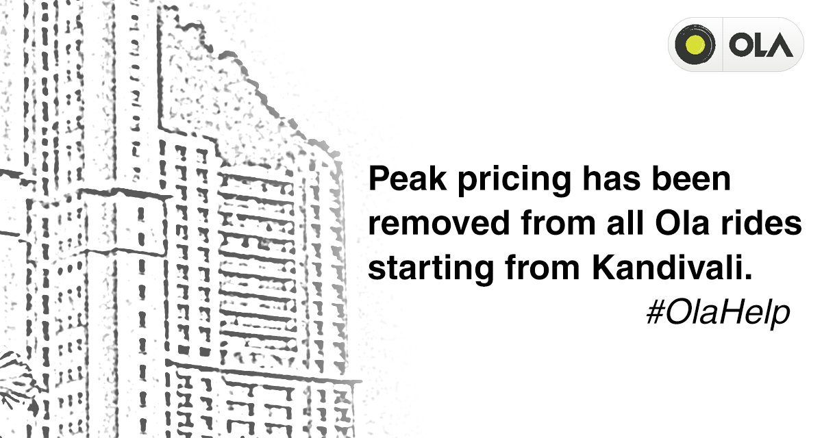 Olacabs's tweet photo. Due to the fire incident,we've removed peak charges on all rides from #Kandivali. Let's keep #Mumbai moving #OlaHelp https://t.co/2NVjllPZY9