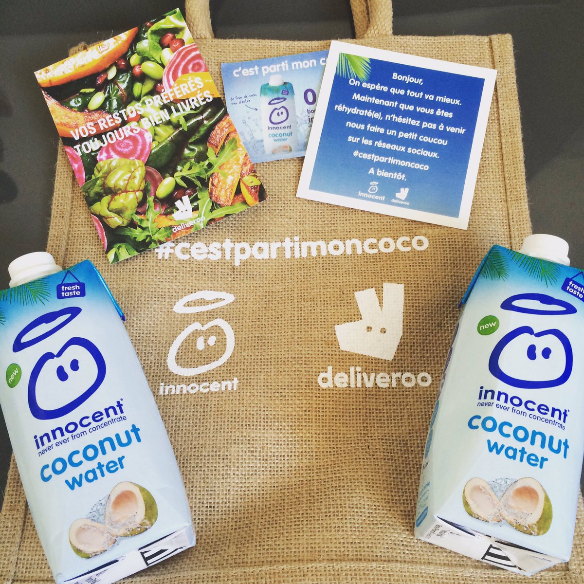 JulieJarlot's tweet photo. Merci @Deliveroo_FR &amp; @innocent_Fr pour ces cadeaux ! Hate de goûter ! #cestpartimoncoco https://t.co/CaAIJypLA9