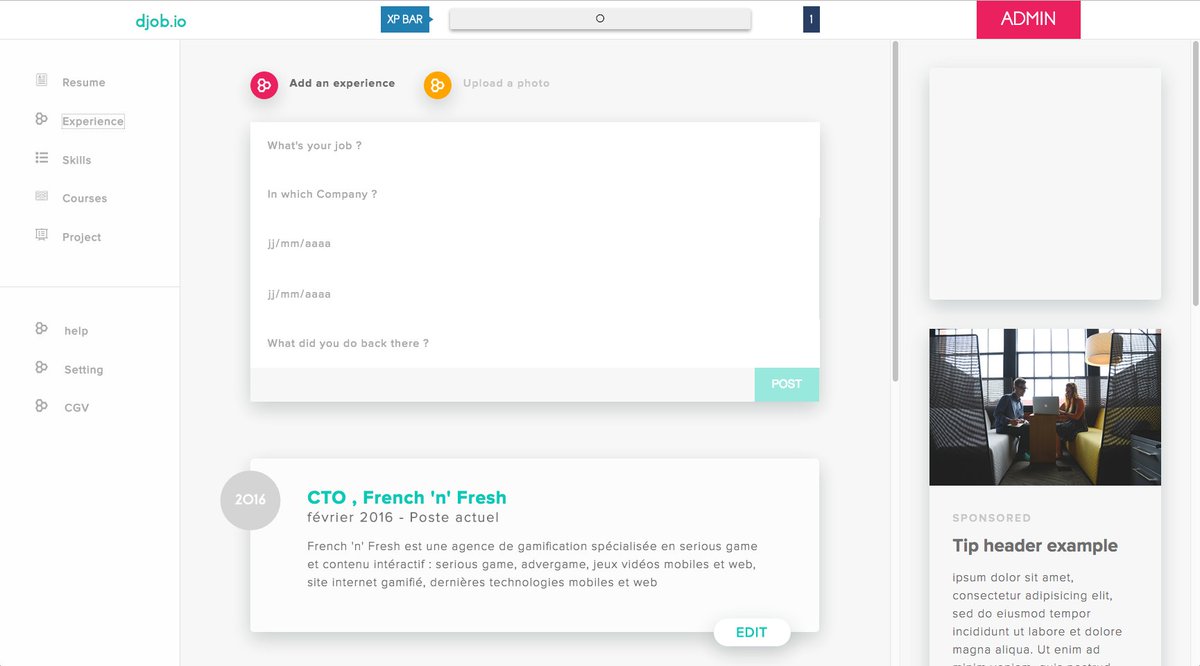 QuentinFrontDev's tweet image. Interface sur laquelle je travaille actuellement : @djobapp 
#AngularJS #LinkedinAPi #MVP #Dev #CTO @FrenchNfresh