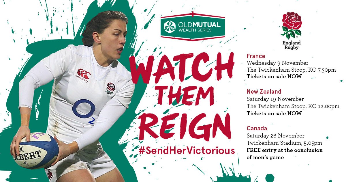 EnglandRugby's tweet photo. Get behind #EngWomen in the @OMWealthUK Series this November. Tickets now on sale: https://t.co/p0vqMiE75W https://t.co/icNK8uq73J