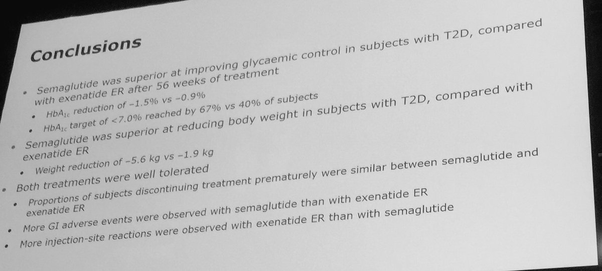 Rahulthakur75's tweet photo. #EASD2016 #SUSTAIN3 #Ahmann: Sumaglutide Vs ExenetideER, CONCLUSIONS. https://t.co/Pi8RAsOnO4