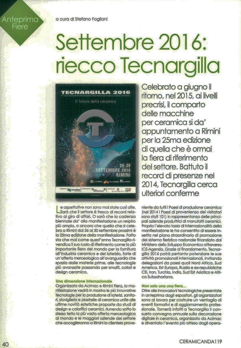 tecnargilla's tweet photo. Articolo di #Ceramicanda: "Settembre 2016: riecco #Tecnargilla"

https://t.co/9QBMHvSeyh https://t.co/pJUYpduOsl